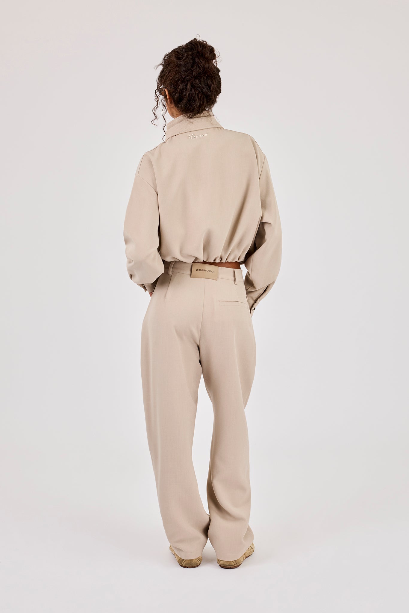 Woven Embroidered Jacket & Barrel Leg Trouser - Beige